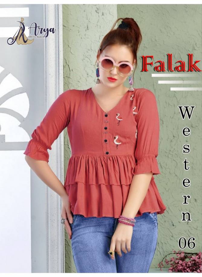 Arya Falak Western Latest Rayon Cotton embroidery Work Designer Party Wear Ladies Tops Collection 